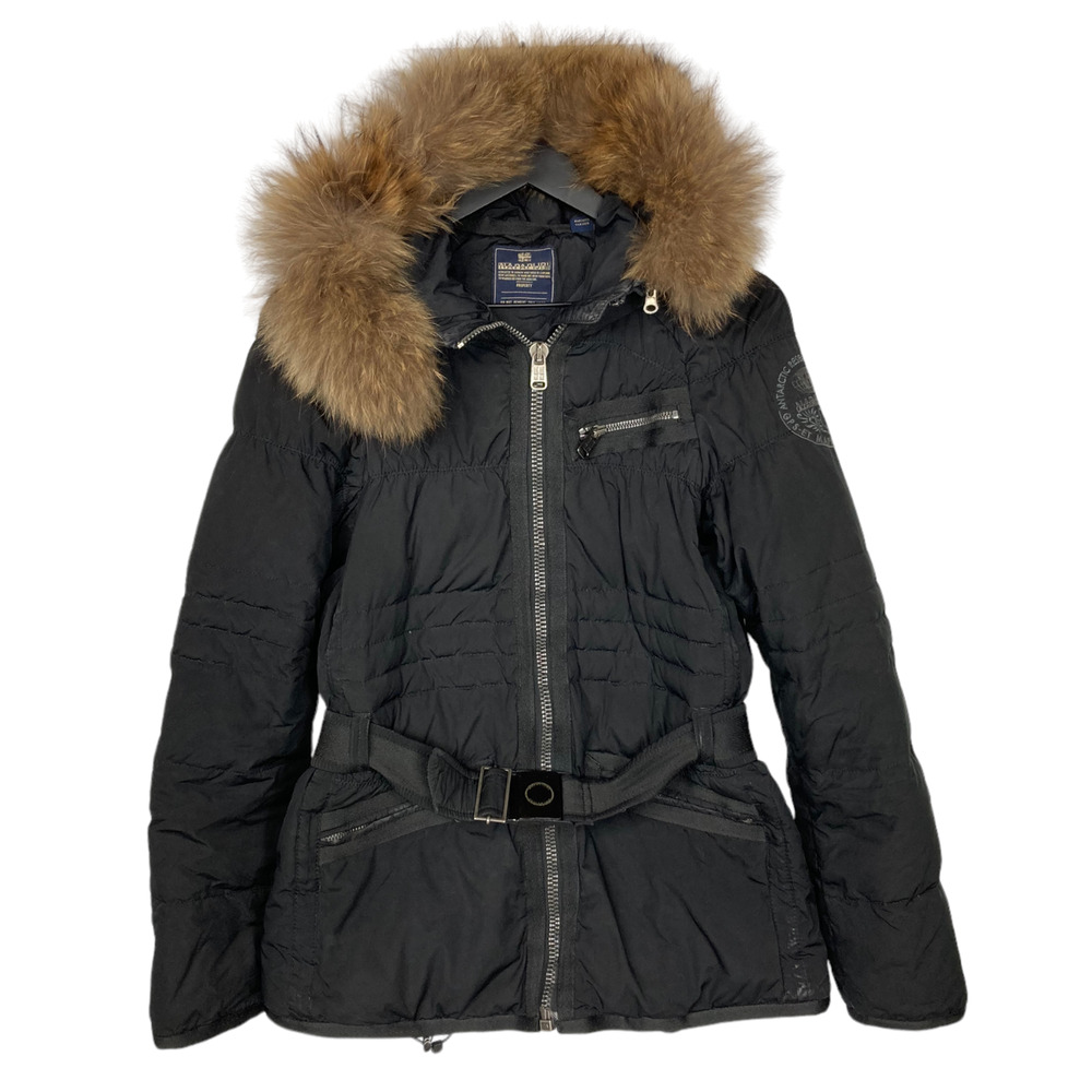 Napapijri Duck Down Puffer Coat Jacket Racoon Fur Collar Black Womens Medium‎